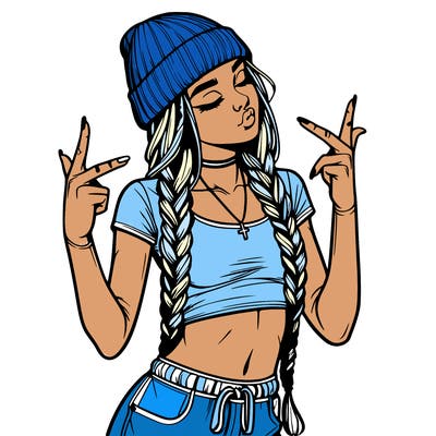 realistic teenage girl with braids and a beanie and crop top doing 🫶🏼