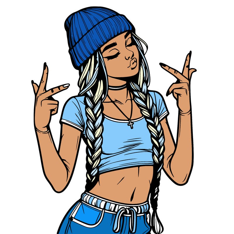 realistic teenage girl with braids and a beanie and crop top doing 🫶🏼