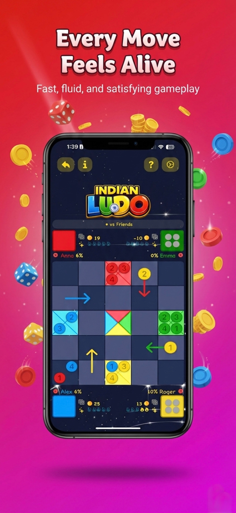 Indian Ludo, Ashta Chamma Game - A mobile screen showing the gameplay of Indian Ludo and Ashta Chamma with a traditional grid board and colorful tokens.