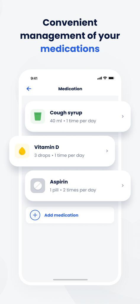 Cardi Health: Heart Health App - Cardi Health app interface showing medication tracking for cough syrup vitamin d and aspirin