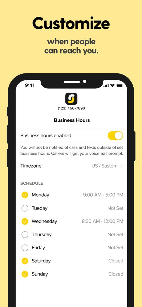 SwitchUp - Second Phone Number - Smartphone screen showing the business hours schedule and settings in the SwitchUp second phone number app.