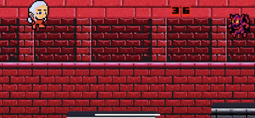 Ghostemane Pentacles - Retro 8-bit style gameplay of Ghostemane Pentacles showing a pixel character jumping near a demon enemy against a red brick background