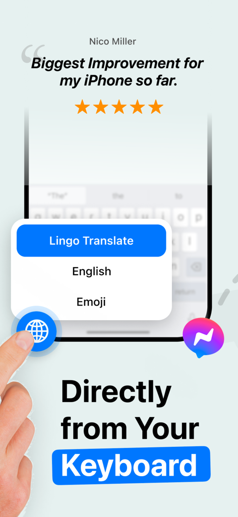 Translator Keyboard : Lingo - A five star review of the Lingo Translator Keyboard app showing the translation menu integrated directly into the iPhone keyboard interface.