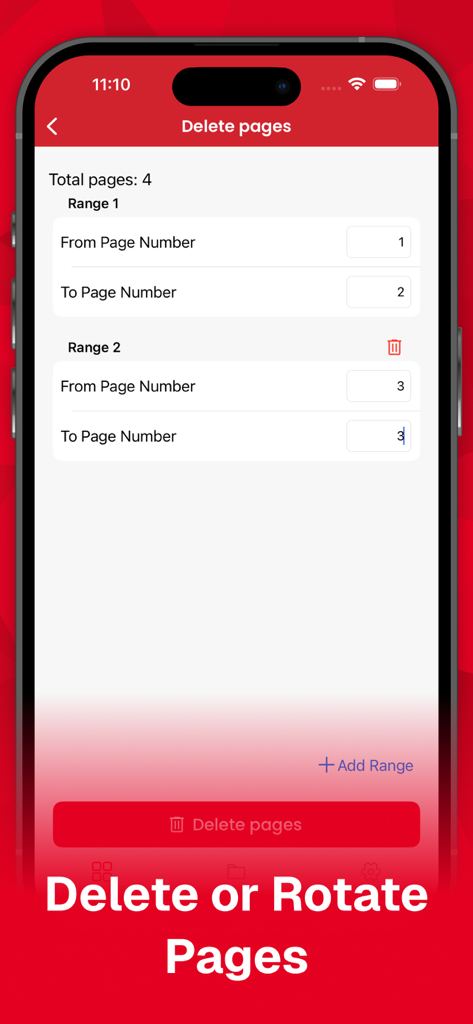 Interface of the Photos to PDF Converter App showing how to delete specific page ranges from a PDF document