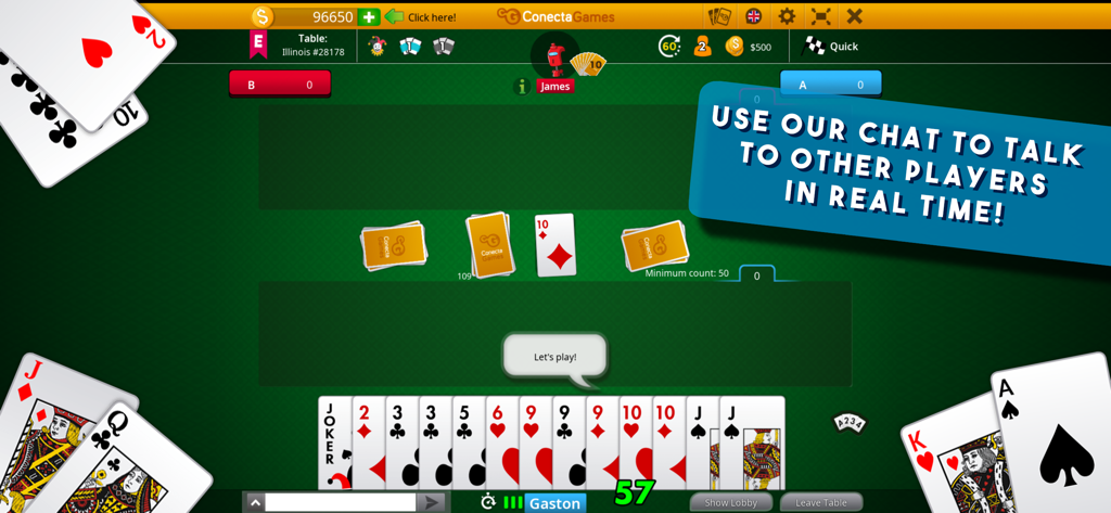 In-Game-Screenshot von Canasta Hand and Foot, der die Echtzeit-Chat-Funktion für Spieler auf einem grünen digitalen Kartentisch hervorhebt.