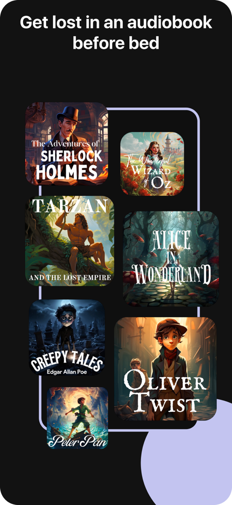 Yawn: Sleep Sounds, Audiobooks - Uma galeria de capas de audiobooks clássicos como Sherlock Holmes e Alice no País das Maravilhas no aplicativo de sono Yawn.