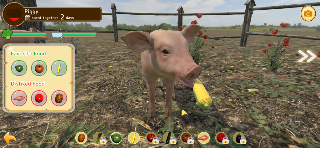 Piglet Garden - A pink piglet in the Piglet Garden mobile game standing next to a menu showing its favorite and disliked foods.