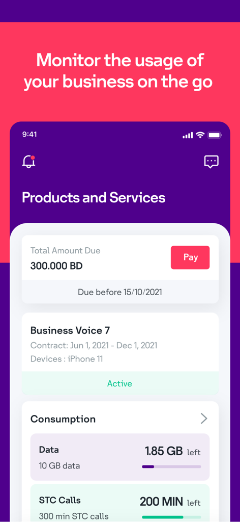 stc Business BH - stc Business BH mobile app dashboard displaying billing details and data usage tracking