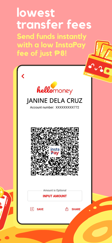 HelloMoney app screen showing an InstaPay QR code for instant fund transfers with low fees