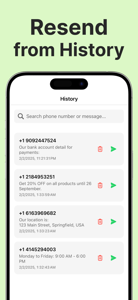 Direct Chat Link for WhatsApp - Schermata cronologia dell'app Link di Chat Diretta che mostra un elenco di messaggi e numeri di telefono WhatsApp precedenti