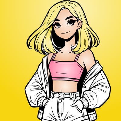 a realistic girl with a crop top and short shorts in an open jacket