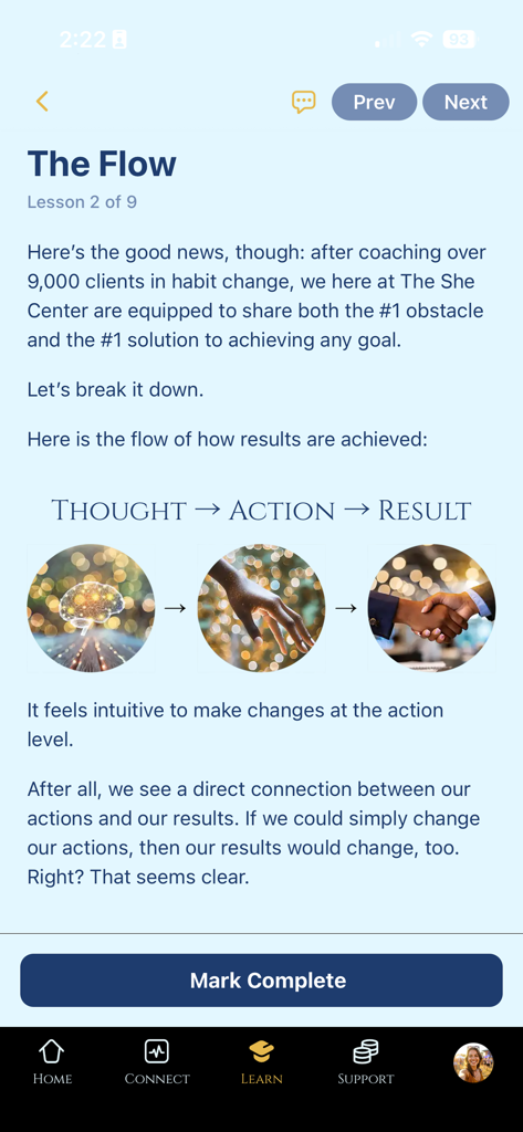 The She Center - Screenshot of a lesson in The She Center app titled The Flow illustrating how thought and action lead to results.