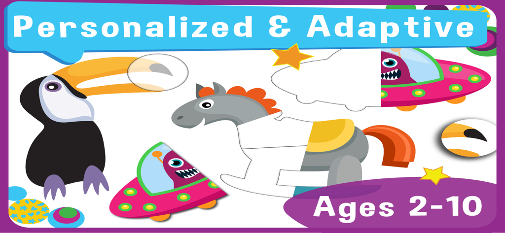 Un puzzle éducatif pour enfants représentant un cheval toucan et un vaisseau spatial avec du texte soulignant l'apprentissage personnalisé et adaptatif pour les âges de 2 à 10 ans