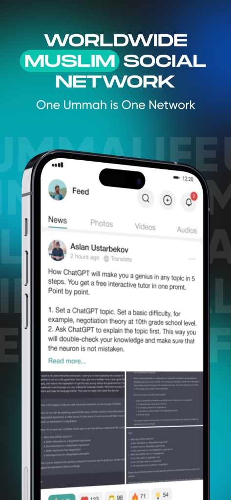 Screenshot dell'app mobile Umma Life che mostra un feed di notizie di un social network musulmano mondiale con un post su ChatGPT e le reazioni della community.