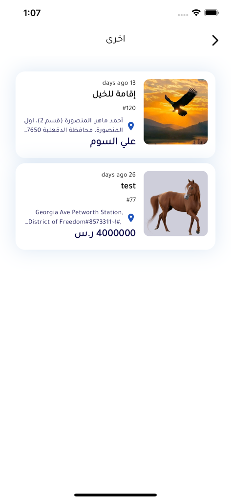Horse Wildness - جموح الخيل - Horse Wildness app interface showing marketplace listings for horses and stables