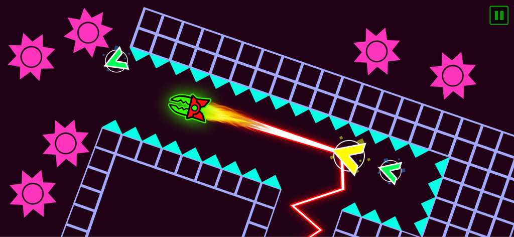 Um ícone de jogador navegando por um corredor neon com espinhos e obstáculos em Wave Dash Geometry Arrow.