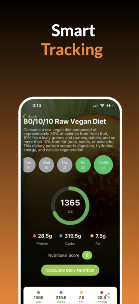 The 80/10/10 Diet app smart tracking screen showing daily calories and macronutrient ratios for raw vegan nutrition.
