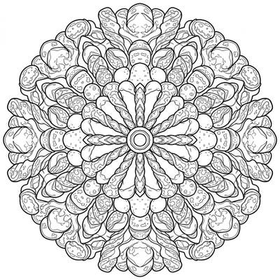 Unleash your creativity with this wonderfully unique mandala, intricately crafted from an assortment of savory cheese breads. Each symmetrical section invites you to color delicious rolls, twists, and loaves, offering a delightful and engaging artistic challenge.