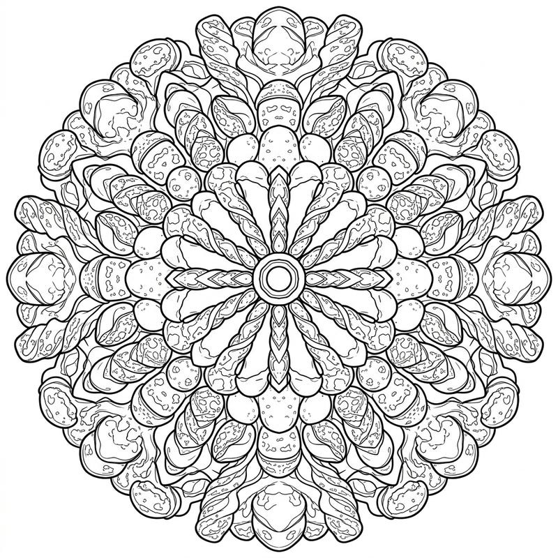 Unleash your creativity with this wonderfully unique mandala, intricately crafted from an assortment of savory cheese breads. Each symmetrical section invites you to color delicious rolls, twists, and loaves, offering a delightful and engaging artistic challenge.