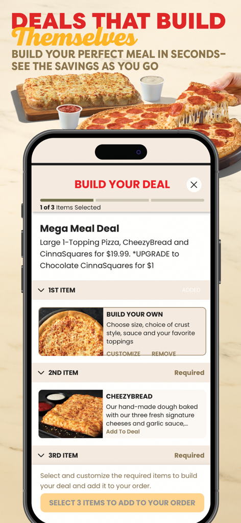 Marco’s Pizza - Écran de smartphone affichant l'interface du constructeur d'offres de l'application Marcos Pizza pour un menu de repas.