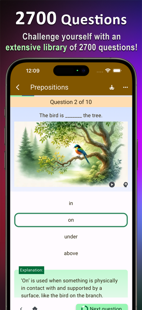 English Grammar Expert AI - A preposition quiz question in the English Grammar Expert AI app with an image of a bird and a detailed grammar explanation.