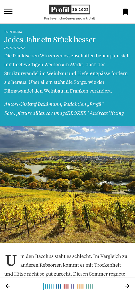 Screenshot der Profil Magazin App, der einen Artikel über Weinbaugenossenschaften und einen Weinberg zeigt