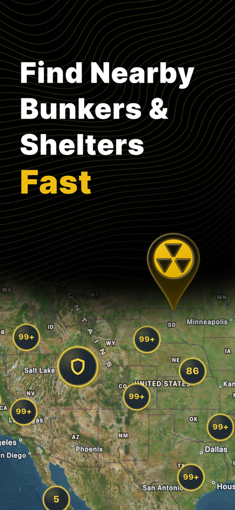 Bunkers & Shelters Map - Haven - Bunker- und Schutzraumkarte-Oberfläche, die Schutzraumstandorte in den Vereinigten Staaten zeigt