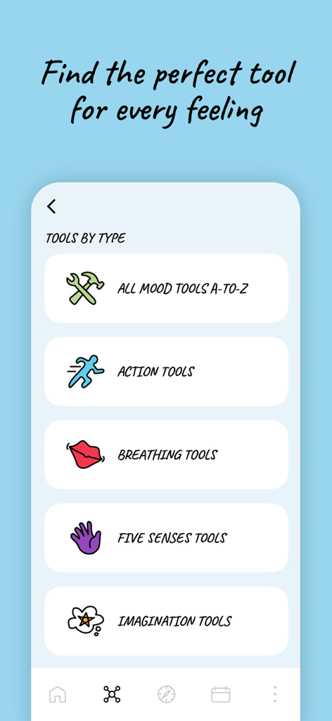 The Mood Tools - Interfaz de la aplicación The Mood Tools que muestra varias categorías de herramientas de salud mental como ejercicios de respiración y conexión a tierra