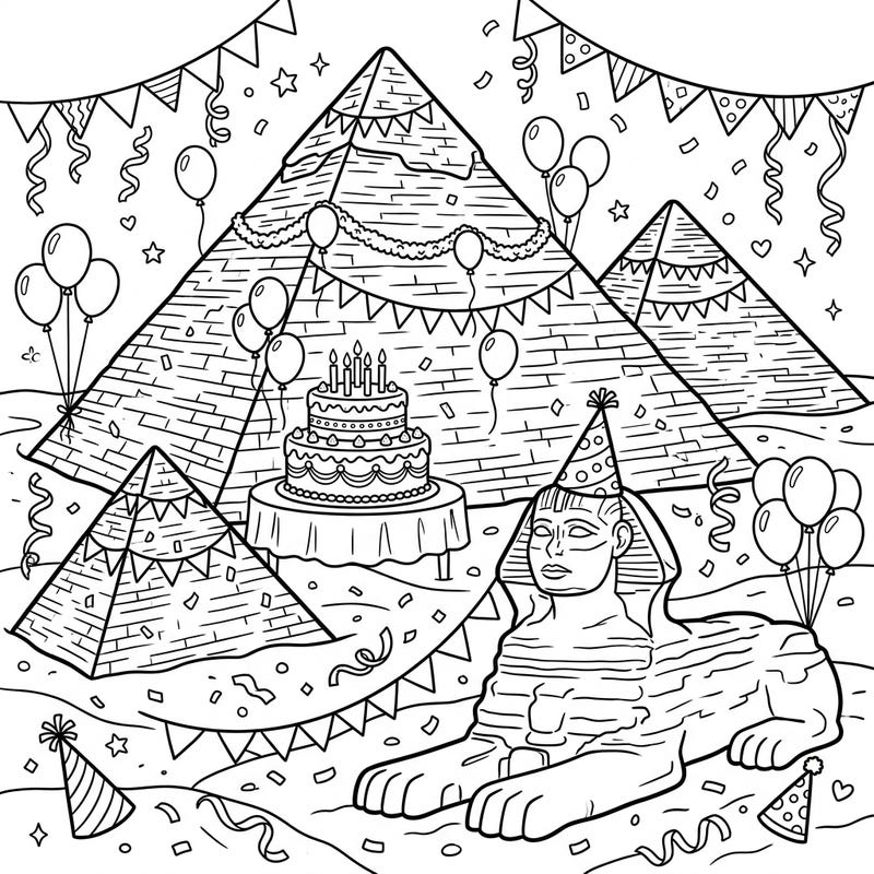 Step into an extraordinary celebration where ancient wonders meet modern festivity with this Giza Necropolis birthday coloring page. Imagine the pyramids and the Sphinx adorned for a joyous party, ready for your creative touch.