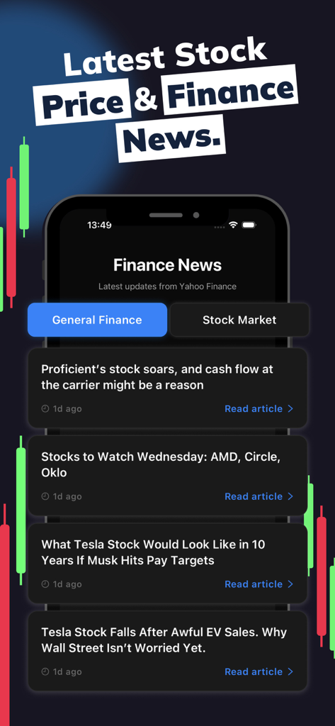 Profit AI trading app displaying latest finance news and stock market updates on a mobile screen
