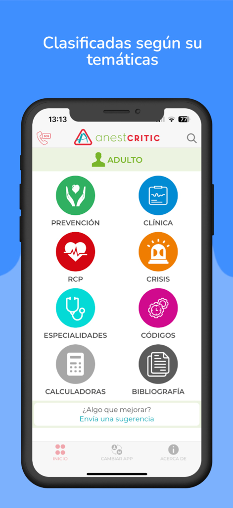 AnestCRITIC mobile app main menu displaying clinical categories for adult anesthesia crisis management