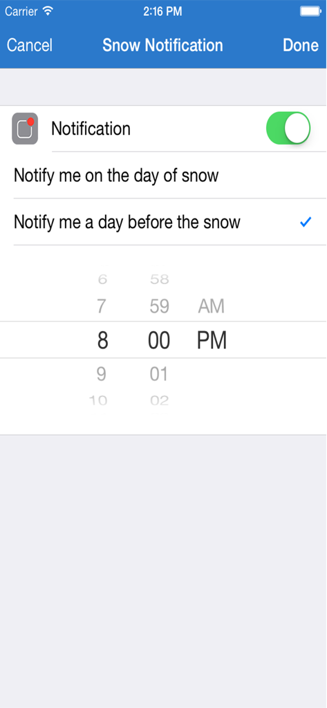 Will it Snow? - Notifications - Snow notification settings screen with a scheduled 8 PM alert