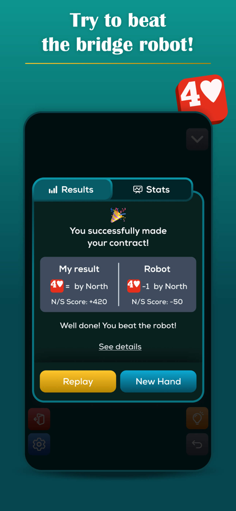 Play Bridge: Offline Card Game - Pantalla de resultados de un juego de bridge sin conexión que muestra una comparación entre el rendimiento del jugador y el robot