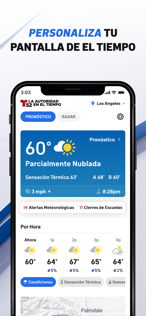 Telemundo 52 mobile app weather screen showing Los Angeles forecast and alerts in Spanish