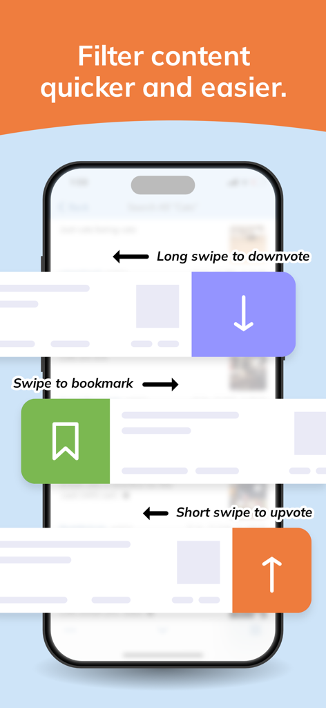 Narwhal for Reddit app interface showing swipe gestures to upvote downvote and bookmark posts
