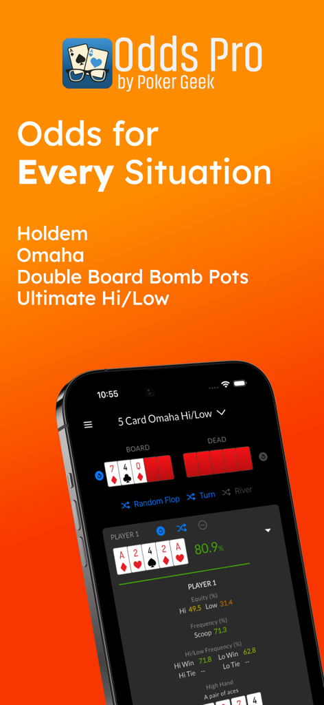 Poker Geek Odds Pro - Smartphone screen displaying poker equity statistics for 5 Card Omaha Hi-Low in the Poker Geek Odds Pro app.