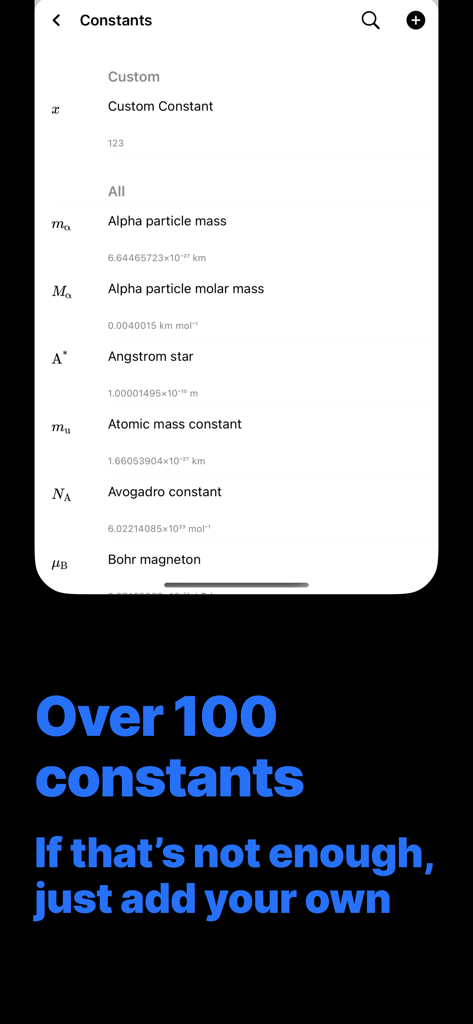 A screen showing a list of over 100 scientific constants in the TechniCalc app with an option to add custom values.