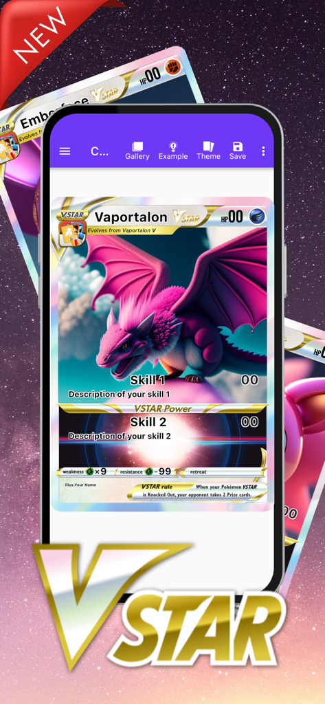 Interface of the Pokemon card maker app showing a custom VSTAR card with a pink dragon character.