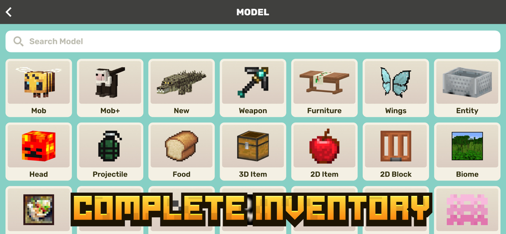 A menu showing various Minecraft model categories like mobs weapons and items in the Craft Addons for MCPE app