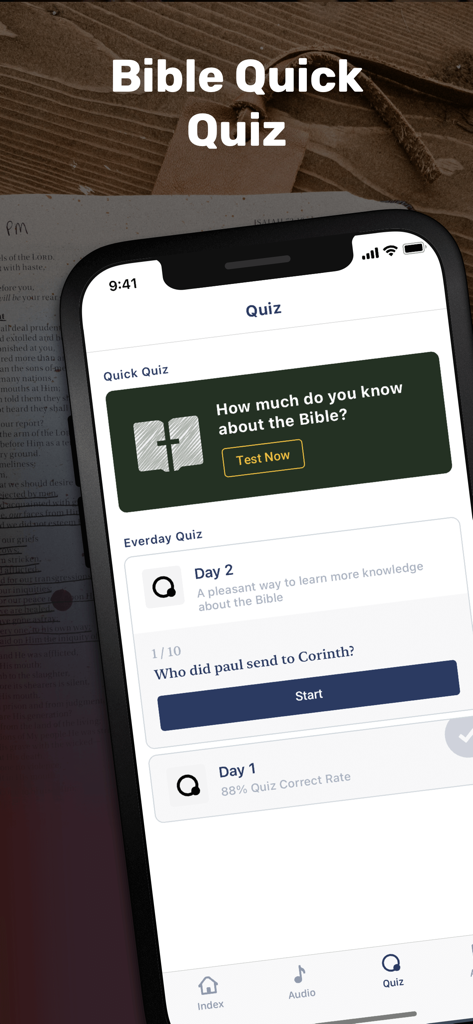 The Bible App-Daily study - The Bible App daily quiz interface showing scripture questions and progress tracking
