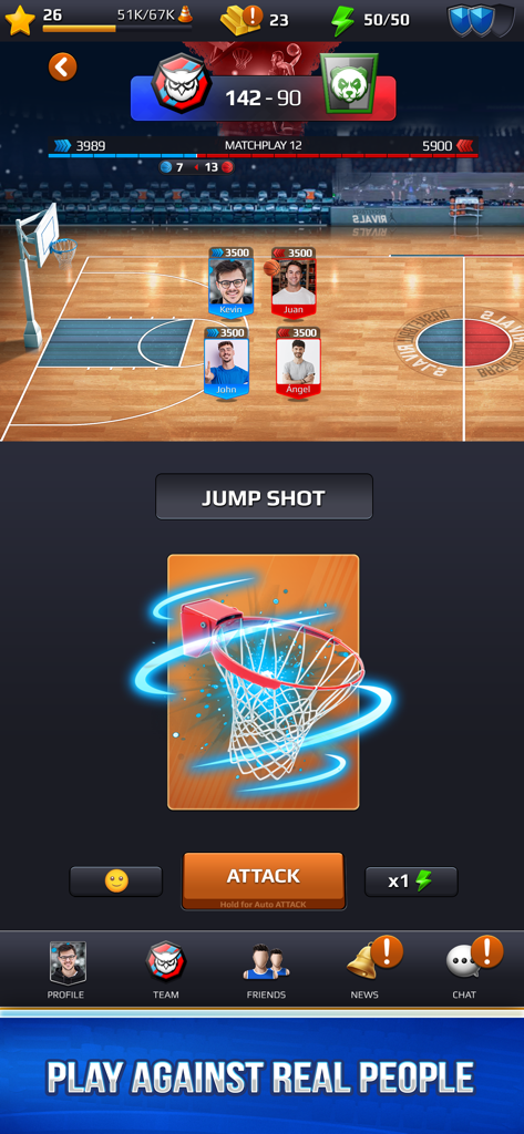 Basketball Rivals: Showdown - Basketball Rivals Showdown gameplay screen showing a live match with player avatars and a jump shot attack button