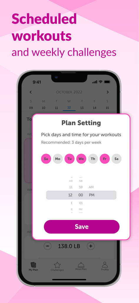 Interface for scheduling workout days and times in the FitHer fitness app.
