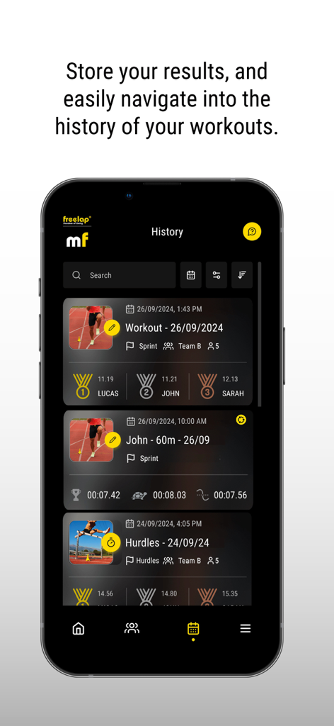 MyFreelap - Workout history screen in the MyFreelap app showing performance results for track and field athletes