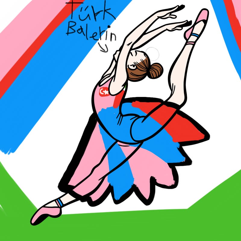 gymnast doing a leap in a leotard with a bent back leg