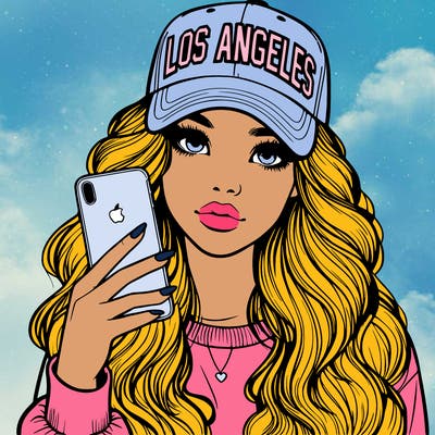 realistic beautiful girl wearing los ángeles cap holding an iphone