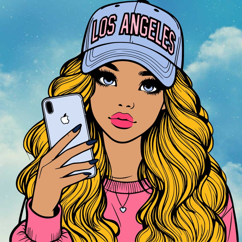 realistic beautiful girl wearing los ángeles cap holding an iphone