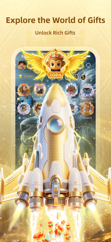 Ohma: Games and Party - Tela do aplicativo Ohma mostrando um foguete decorativo e presentes digitais para interação social