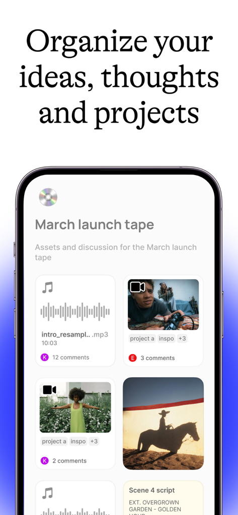 Fabric: AI Notes, Files, Ideas - Mobile interface of the Fabric app showing an organized collection of project media including audio, video, and images.