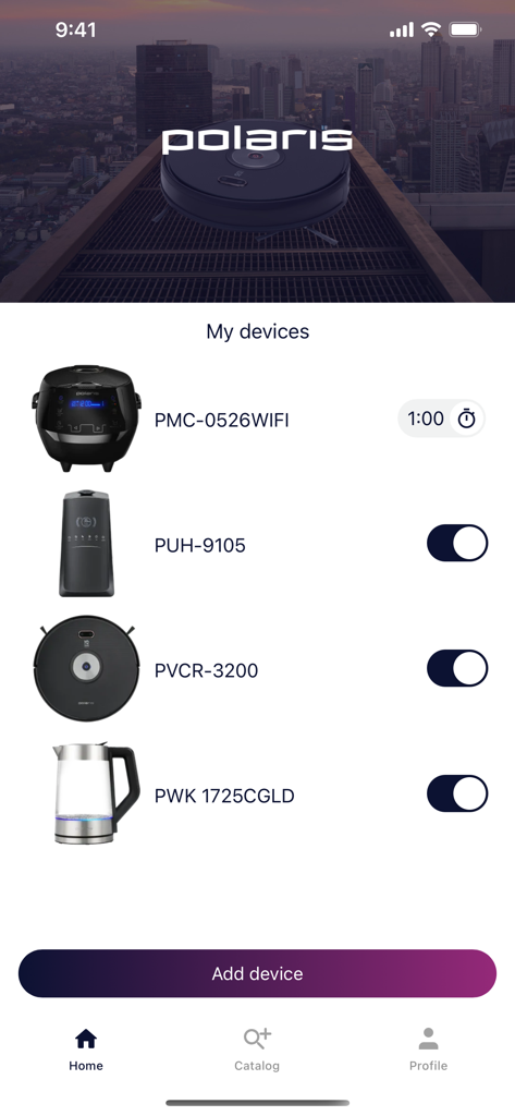 POLARIS IQ Home app interface showing connected smart appliances and control toggles