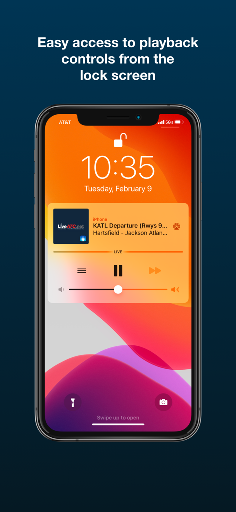 LiveATC Air Radio playback controls displayed on an iPhone lock screen showing a live feed from Hartsfield-Jackson Atlanta International Airport.